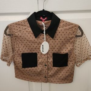 STAUD Sheer Polka Dot Shirt in Tan and Black